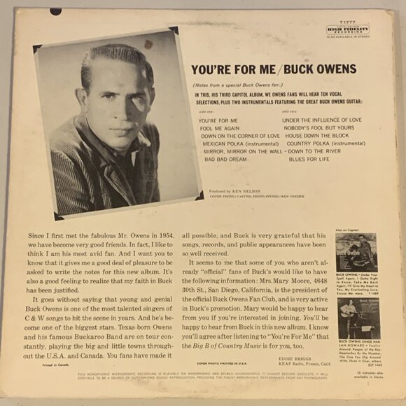 Buck Owens You're For Me Vinyl Record Classic Country 1962 - Picture 2 of 4